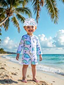 SHEIN 2pcs/Set Newborn Baby Boy/Girl Cartoon Dinosaur Print Long Sleeve Jumpsuit & Tight Pants With Sun Hat, Perfect For Spring/Summer Travel, Beach, Swimming - White - View 9