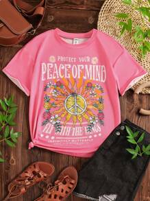 Tween Girls Casual Loose Dropped Shoulder Oversized Printed T-Shirt - Pink - View 6