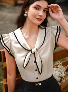 Vintamour Vintage Elegant Contrast Trim Sailor Collar Bowknot Ruffle Sleeve Casual Vacation Blouse, Spring/Summer Tops Vacation Outfits Woman Summer Outfits For Women Shirts Women White Top Summer Tops Going Out Tops Women Blouses For Women Summer Tops Women White Shirt T Shirts Women Church Clothes Women Summer Clothes Women Cruise Attire Button Up Shirt Women Tops Spring Outfits For Women Vacation Outfits Women Spring Clothes