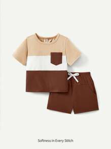 Cozy Pixies Bộ 2 món/bộ áo thun cổ tròn tay ngắn màu tương phản cho bé trai/gái và quần short thể thao - Nhiều màu - Xem 3