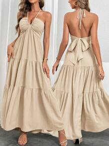 Firerie Women's Halter Tie-Up Backless Dress, Suitable For Vacation And Wedding Events
