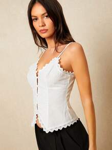Poéselle Women Solid Color Hollow Out Embroidered Splice Short Camisole - White - View 3