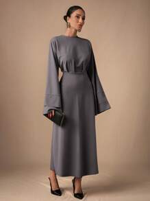 EURMUSE Elegant Commuter Simplistic Solid Color Bell Sleeve Long Dress - Dark Grey - View 7