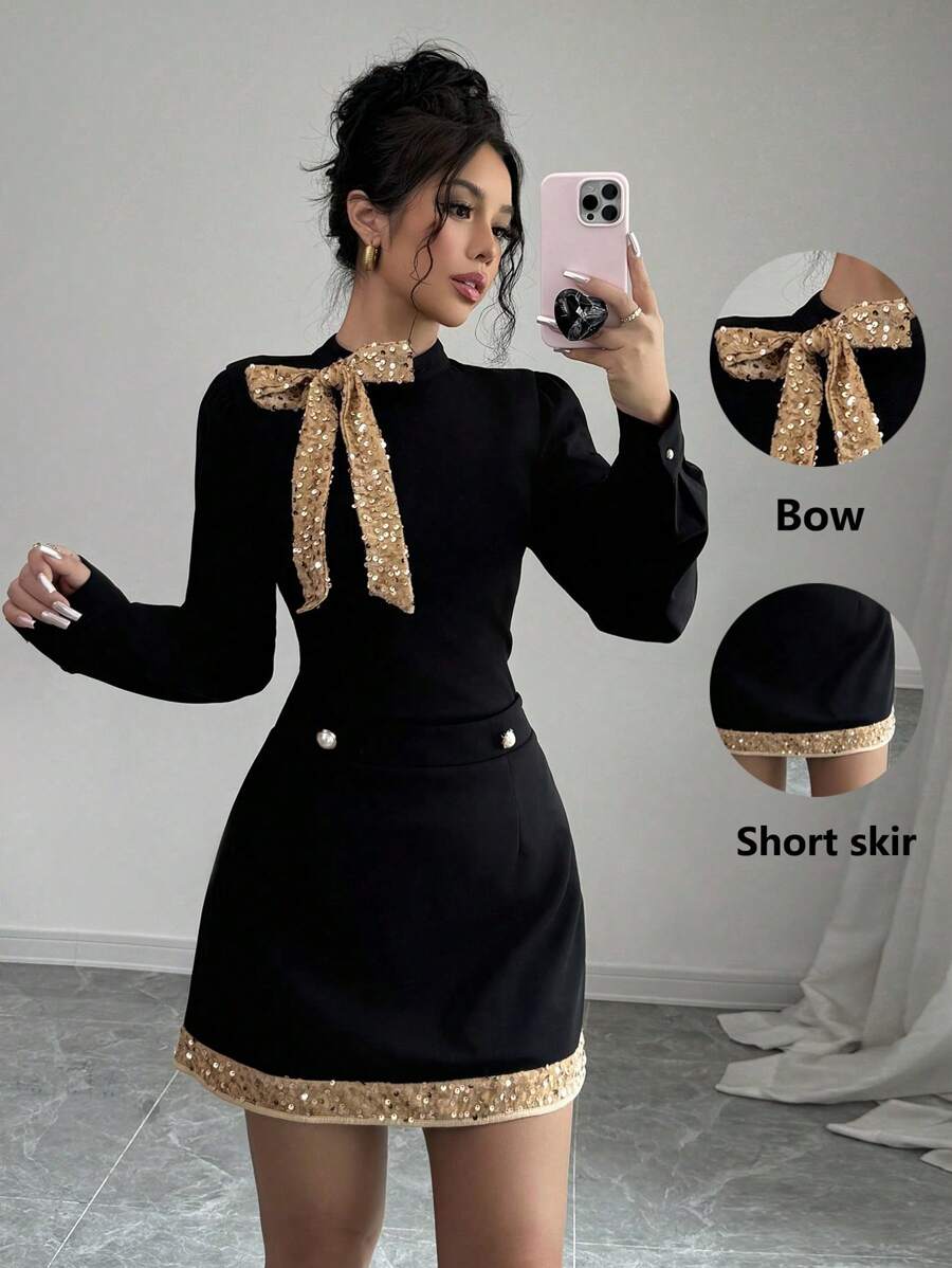Selianne 2pcs/Set Women Fall/Winter Elegant Sequin Bow Decoration Shirt And Skirt Suit - Multicolor - View 1