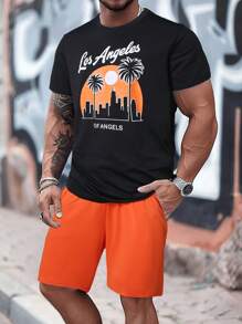 Manfinity RSRT Men's Coconut Tree Print Short Sleeve T-Shirt And Shorts Set