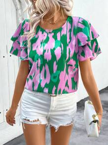 EMERY ROSE Blusa con mangas con volantes y estampado de mariposas para vacaciones de primavera/verano de mujer - Multicolor - Ver 3