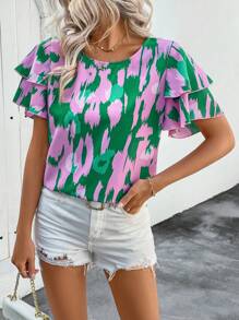 EMERY ROSE Blusa con mangas con volantes y estampado de mariposas para vacaciones de primavera/verano de mujer - Multicolor - Ver 4