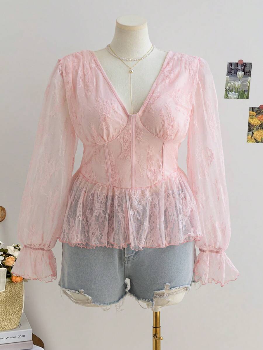 Soleia Plus Size Women Vacation Autumn/Winter Valentine's Day Pink Lace V-Neck Flare Sleeve Asymmetrical Hem Blouse/Shirt - Pink - View 1