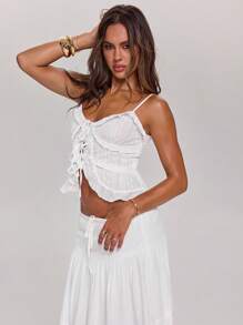 SHEIN BAE 正面荷叶边装饰，蝴蝶结点缀，V领，吊带背心，适合日常穿着和度假 - 白色 - 查看 5