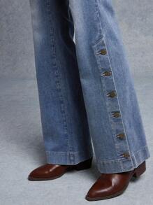WESTFADE High Rise Western Fitted Flare Split Button Hem Denim Jeans