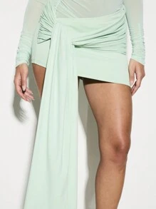 KIZN Chân váy mini xếp nếp có chi tiết nhún ở hông, trang phục dự tiệc tối thanh lịch, bộ sưu tập thời trang xuân hè cho câu lạc bộ - màu xanh lá - Xem 4
