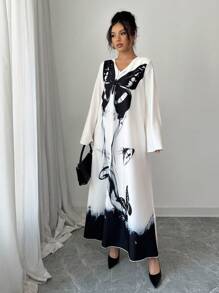 Yasmyna Vestido de manga larga holgado con estampado tejido, estilo árabe, modesto, para mujer - Negro - Ver 4