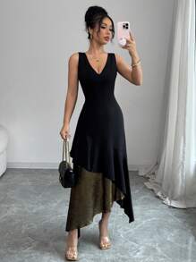 Elenzga V 领无袖腰部收紧优雅撞色荷叶边不对称下摆连衣裙 - 黑色 - 查看 5