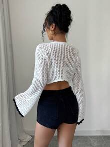 Elenzga Jersey holgado de punto con cuello redondo, efecto calado y bloques de color para mujer, para otoño e invierno - Blanco y Negro - Ver 2