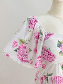 Dreamara Plus Size Women Vintage Purple & White Floral Print Ruffle Sleeve Elastic Waist Long Casual Vacation Dress, Back To School, Cute, Casual, Bachelorette Party, Summer - Multicolor - View 6