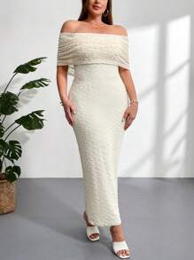 Firerie Vestido largo elegante y romántico para mujer talla grande con diseño de hombros descubiertos, tela elástica y texturizada, volante en el bajo, adecuado para primavera/verano - Albaricoque - Ver 7