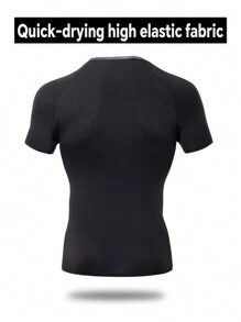 Manfinity Sport PWRUP Men's High Elasticity Sports T-Shirt - Geometric-Patterned Polyester Knit Fabric,Thin Quick Dry Breathable Trousers Top For Running, Yoga, Hiking & Outdoor Activities - Summer Casual Fit - Black - View 2