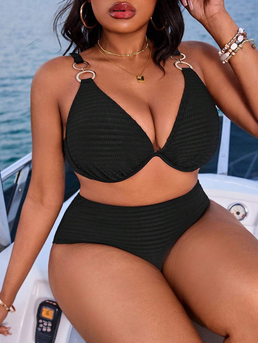 Swim SXY Plus Size Women 2 Pieces Solid Color Ribbed Fabric Underwire Bikini Set, Sexy & Casual, For Summer Beach Vacation
