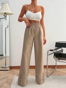 EURMUSE GOLD BUTTON DETAILED BEIGE Straight Leg PANTS - Beige - View 1