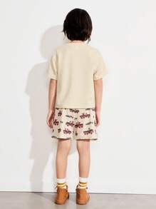 SHEIN 男童卡车动物图案圆领 T 恤和宽松全印花裤两件套，米色 - 米色 - 查看 2