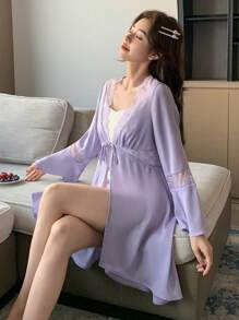 DAZY Bata de mujer con contraste de encaje satinado, cintura ceñida y mangas con volantes en la parte delantera - Morado - Ver 6
