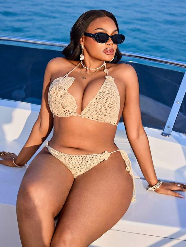 SHEIN X Sofía Suescun SHEIN Swim Curve Plus Size Women Apricot 2pcs Bikini Set, Hand-Crocheted Floral Asymmetrical Sexy Cover Up, Beach Swimsuit, Summer