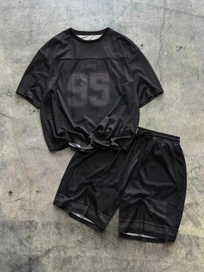 AXEPEAK 男士宽松数码印花网眼短袖 T 恤和短裤套装，街头服饰