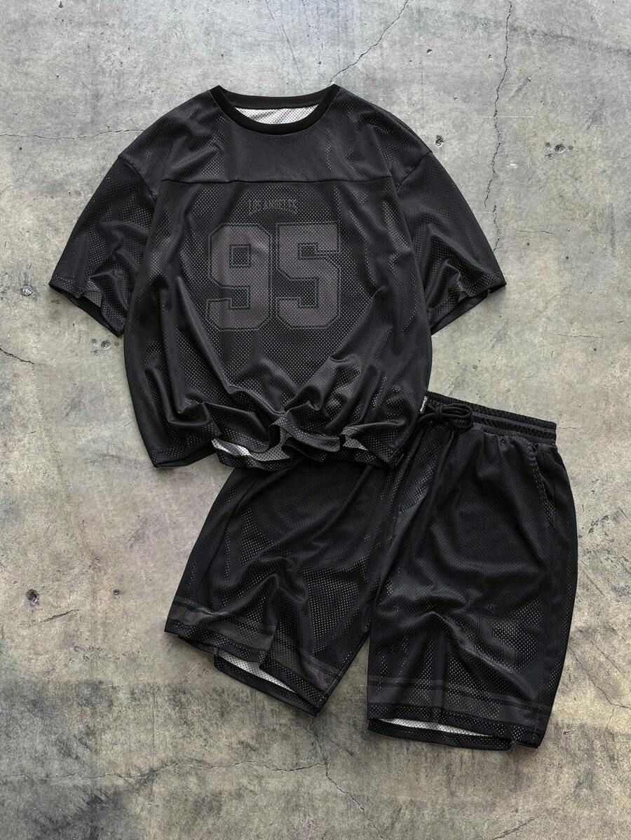 AXEPEAK 男士宽松数码印花网眼短袖 T 恤和短裤套装，街头服饰 - 黑色 - 查看 1