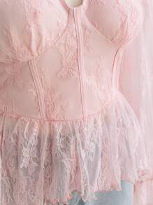 Soleia Plus Size Women Vacation Autumn/Winter Valentine's Day Pink Lace V-Neck Flare Sleeve Asymmetrical Hem Blouse/Shirt - Pink - View 9
