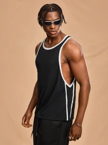 Forever 21 Men's Super Loose Black Athletic Tank Tops; Contrasting Collar + Contrasting Cuffs; Suitable For Spring And Summer Wear - Black - View 6