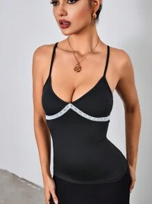 Chiquease Contrast Color Lace V-Neck Adjustable Strap Ladies Camisole - Black - View 6