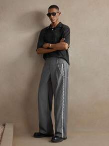 AKNOTIC Business Casual 男士编织长款中腰直筒休闲裤，适合日常穿着 - 灰色 - 查看 1