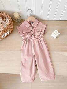 SHEIN Baby Mädchen rosa Kurzarm Jumpsuit mit geraffter Taille und Kragen, Sommer