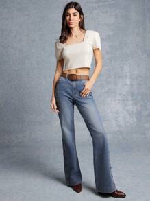 WESTFADE High Rise Western Fitted Flare Split Button Hem Denim Jeans