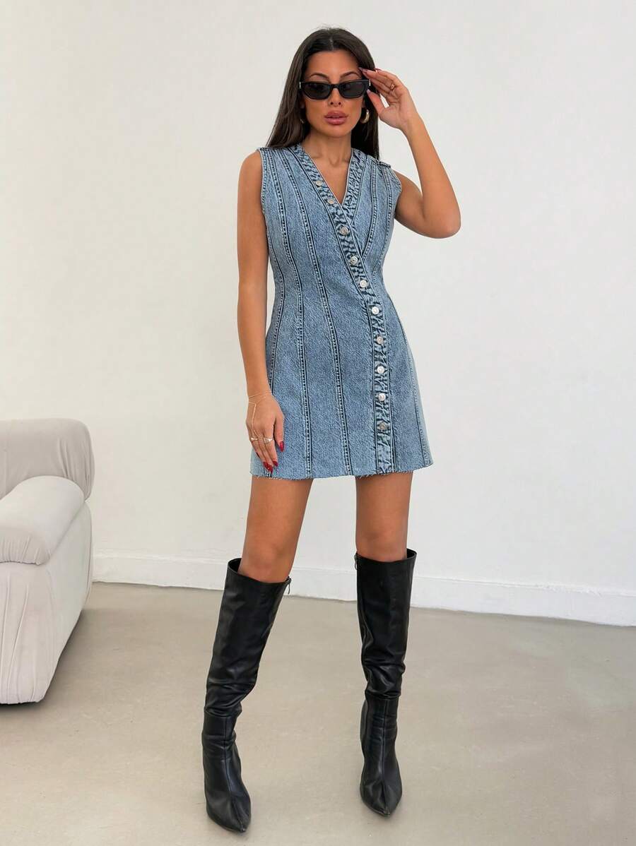 EURMUSE V NECK ANVELOP DENIM MINI DRESS Simple Fashion Daily Casual Jeans Dresses - Medium Wash - View 1