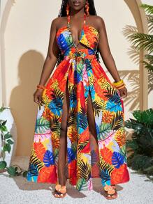 Slaydiva 女士树叶印花休闲连衣裙，适合度假 - 彩色 - 查看 6