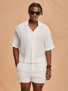 Forever 21 Herren Einfarbiges Kurzarm Hemd und Shorts Set - Weiss - Übersicht 5