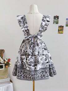 Soleia 休闲度假盖袖露背系带定位印花蓝白印花女式连衣裙