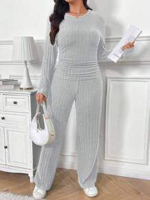 SHEIN Frenchy Plus Size Round Neck Long Sleeve Casual Top And Pants 2 Pieces Set