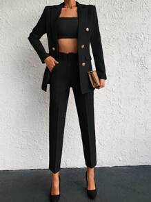 EURMUSE Solid Colored Double Breasted Coat And Pants Suit - Black - View 1