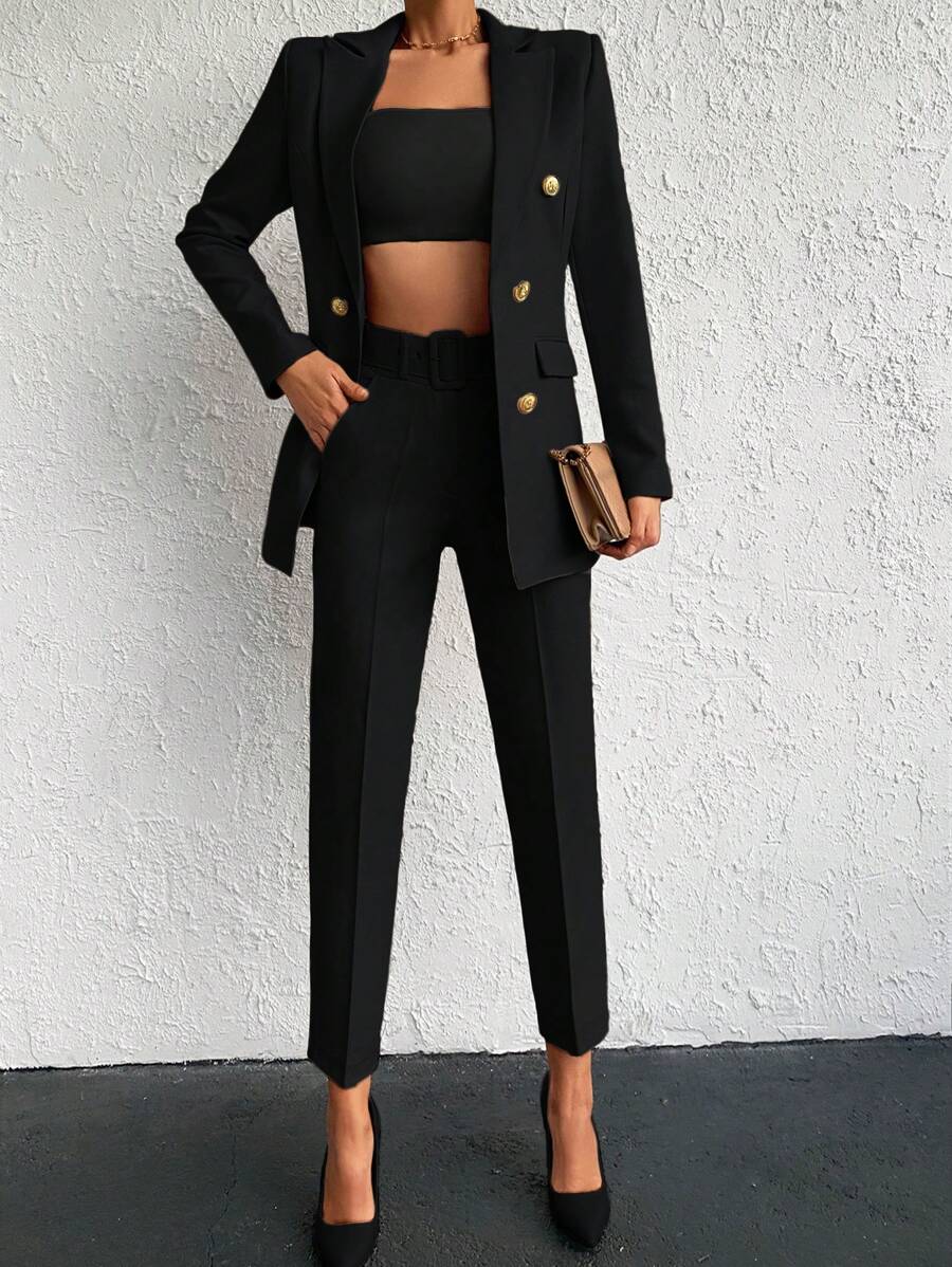 EURMUSE Solid Colored Double Breasted Coat And Pants Suit - Black - View 1