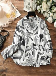 Lacomfia Elegant Digital Printed Plus Size Shirt Blouse - Black and White - View 1