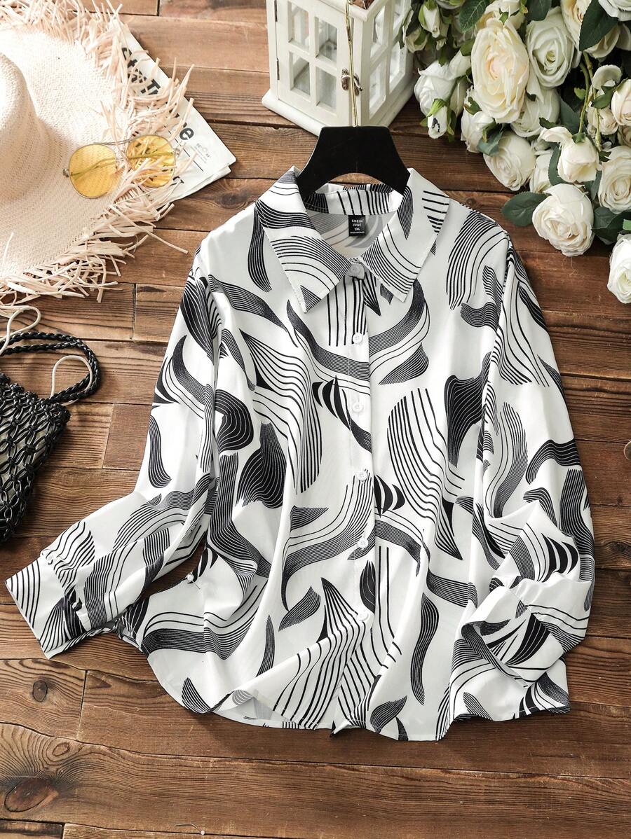 Lacomfia Elegant Digital Printed Plus Size Shirt Blouse - Black and White - View 1