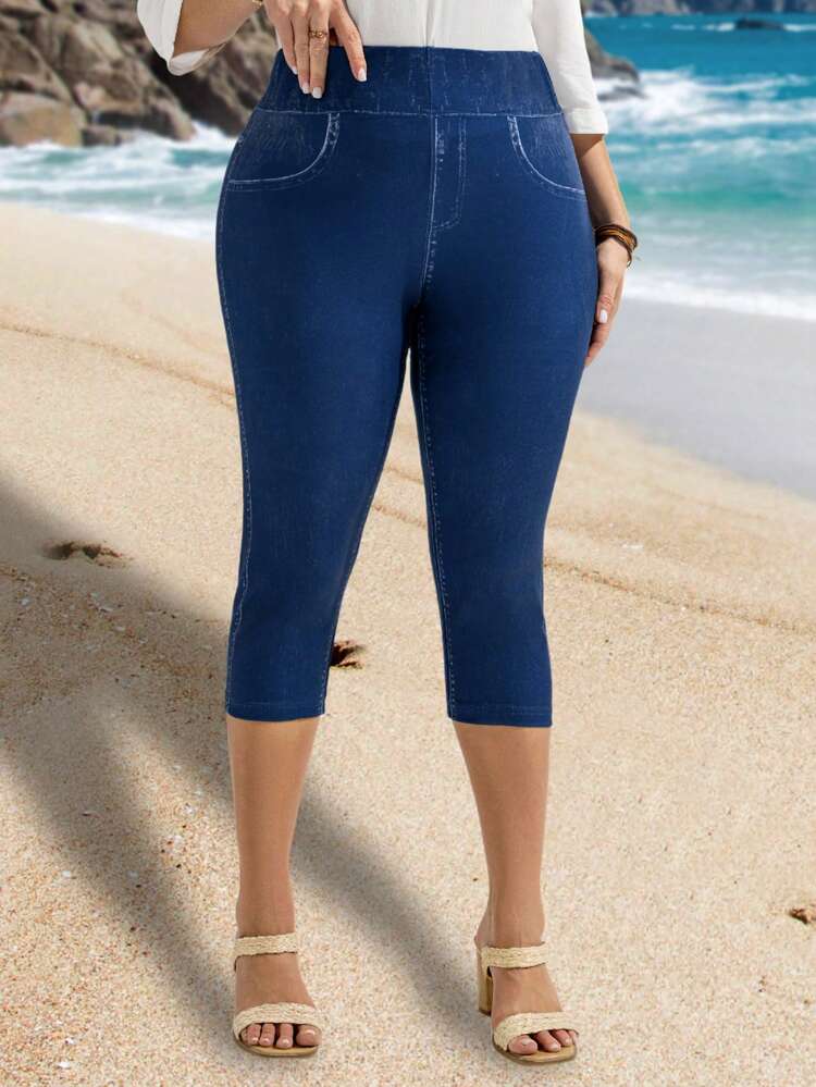 Plus Size Women Blue Denim Effect Print Leggings,Summer Outfits For Women,Vacation Outfits Woman,Casual Everyday Wear