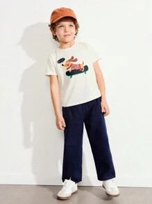 SHEIN 2pcs Toddler Boys Dog Graphic Round Neck Loose Beige T-Shirt And Casual Pocket Loose Navy Blue Pants Set, Casual & Cute Style - Beige - View 1