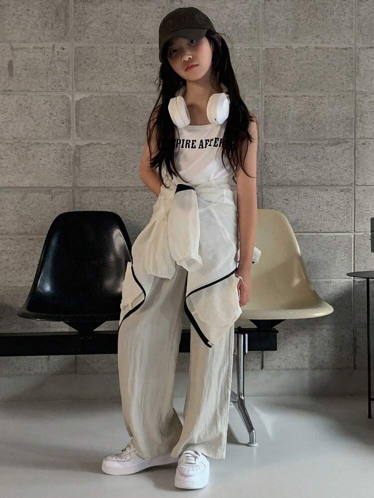 2pcs/Set Tween Girl Letter Print Tank Top And Pants Casual Outfit