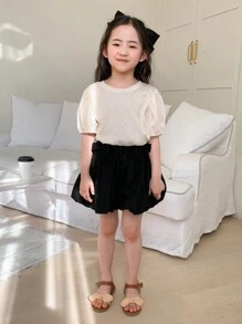 DAZY 2pcs/Set Young Girls Solid Color Round Neck Puff Sleeve Top And Mini Skirt,Girls Summer Outfits - Apricot - View 5