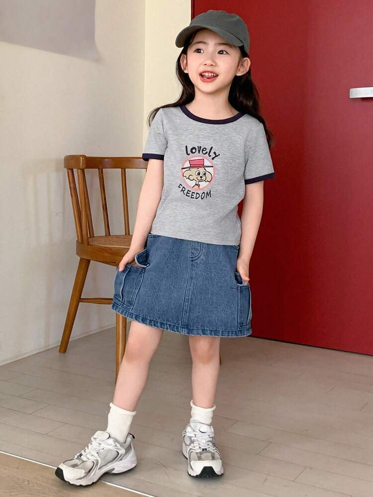 2pcs/Set Young Girl Casual Simple Short Sleeve T-Shirt And Shorts,Girls Summer Outfits
