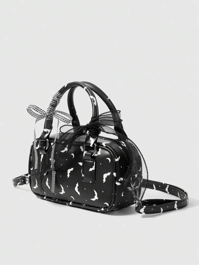 Goth Black Bat Print Goth Style Bow Decor Large Capacity Women Handbag