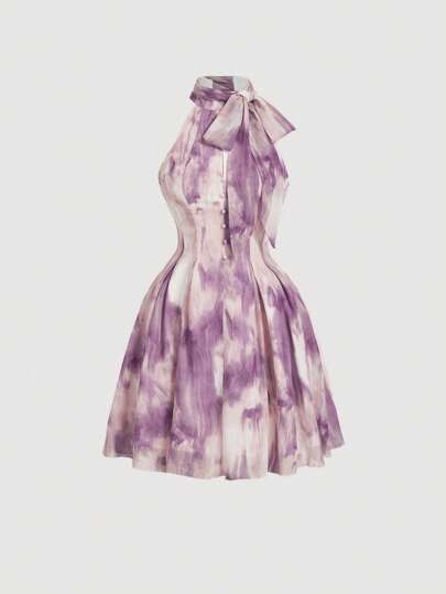 SHEIN MOD 女士紫色扎染蝴蝶结浪漫夏日连衣裙，度假连衣裙，节日连衣裙，西式女装，乡村风服装，海滩度假装，波西米亚风女装，女士生日装，夏日连衣裙，早午餐装，紫色碎花连衣裙，夏季连衣裙，薰衣草色连衣裙，婚礼宾客派对，轻盈雪纺面料，浪漫风格，无袖修身A字连衣裙，优雅夏日连衣裙，适合花园婚礼、鸡尾酒会、订婚、招待会、节日聚会、音乐节、外出等场合